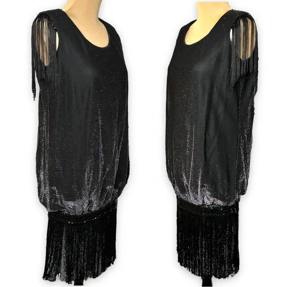Vintage Dresses | Vintage Flapper Dress Eyelash Fringe Drop Waist Black Silver Metallic Size 5/6 | Color: Black/Silver | Size: 5j | Mmguyer's Closet